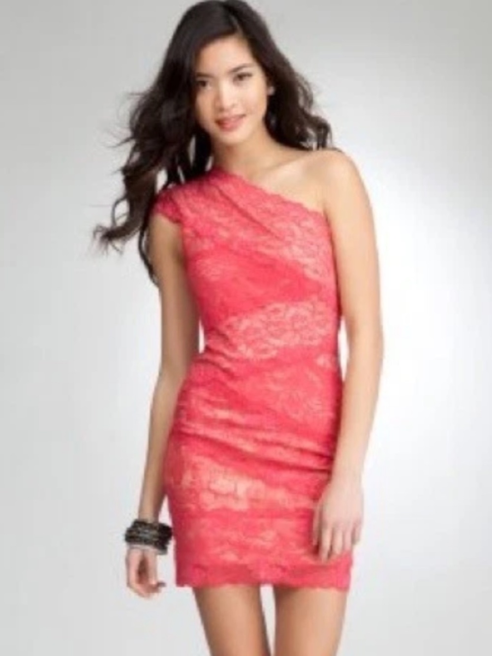 New Bebe pink cream overlay floral lace one shoulder sexy party dress - Picture 3 of 4